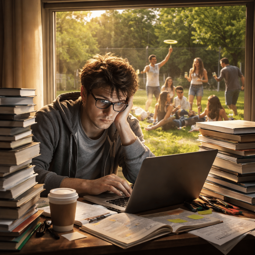 Focused on his studies, a student sits indoors with stacks of books, as his friends enjoy a sunny day outside in the background.